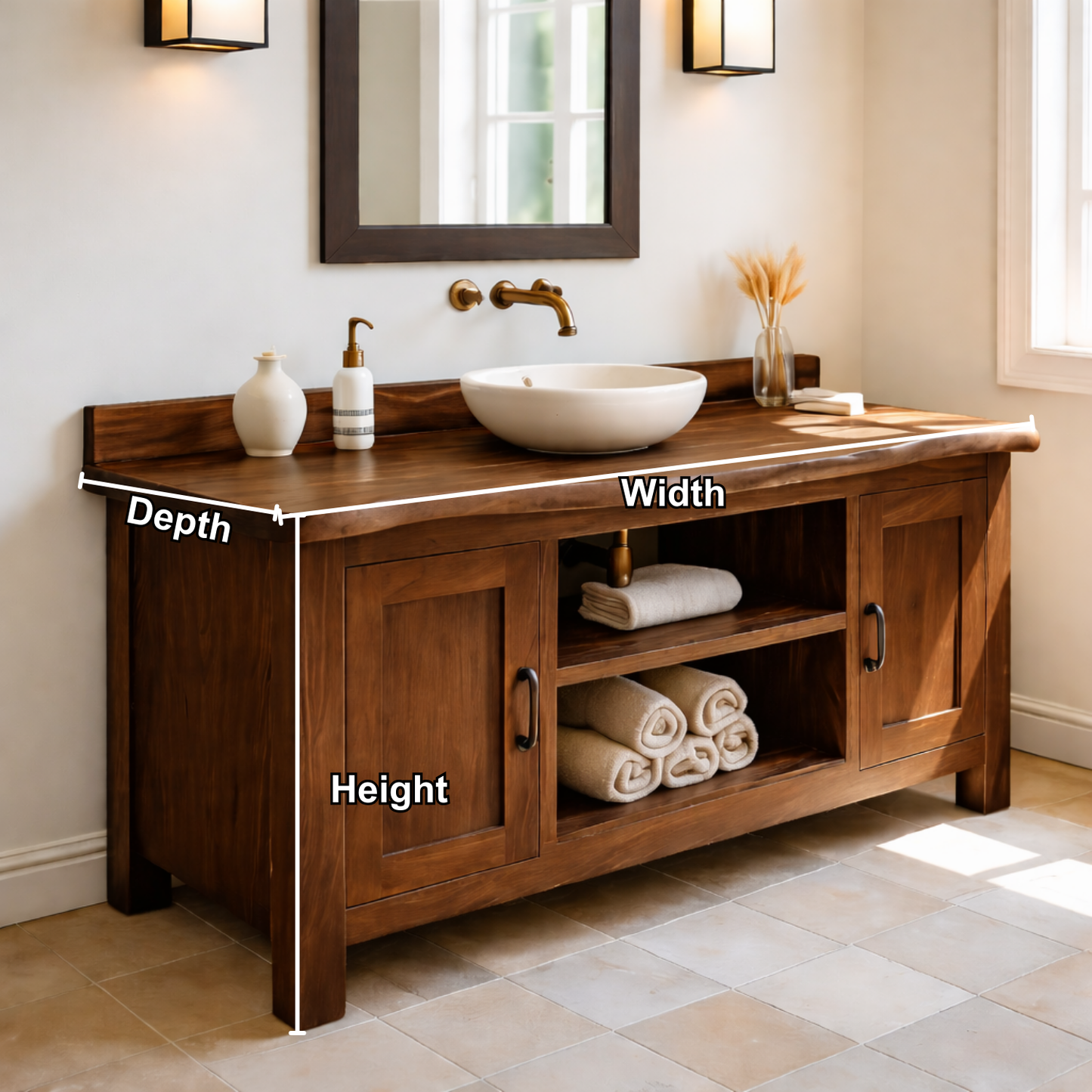 Solid Wood Bathroom Vanity with Cabinet Doors & Open Shelf Storage