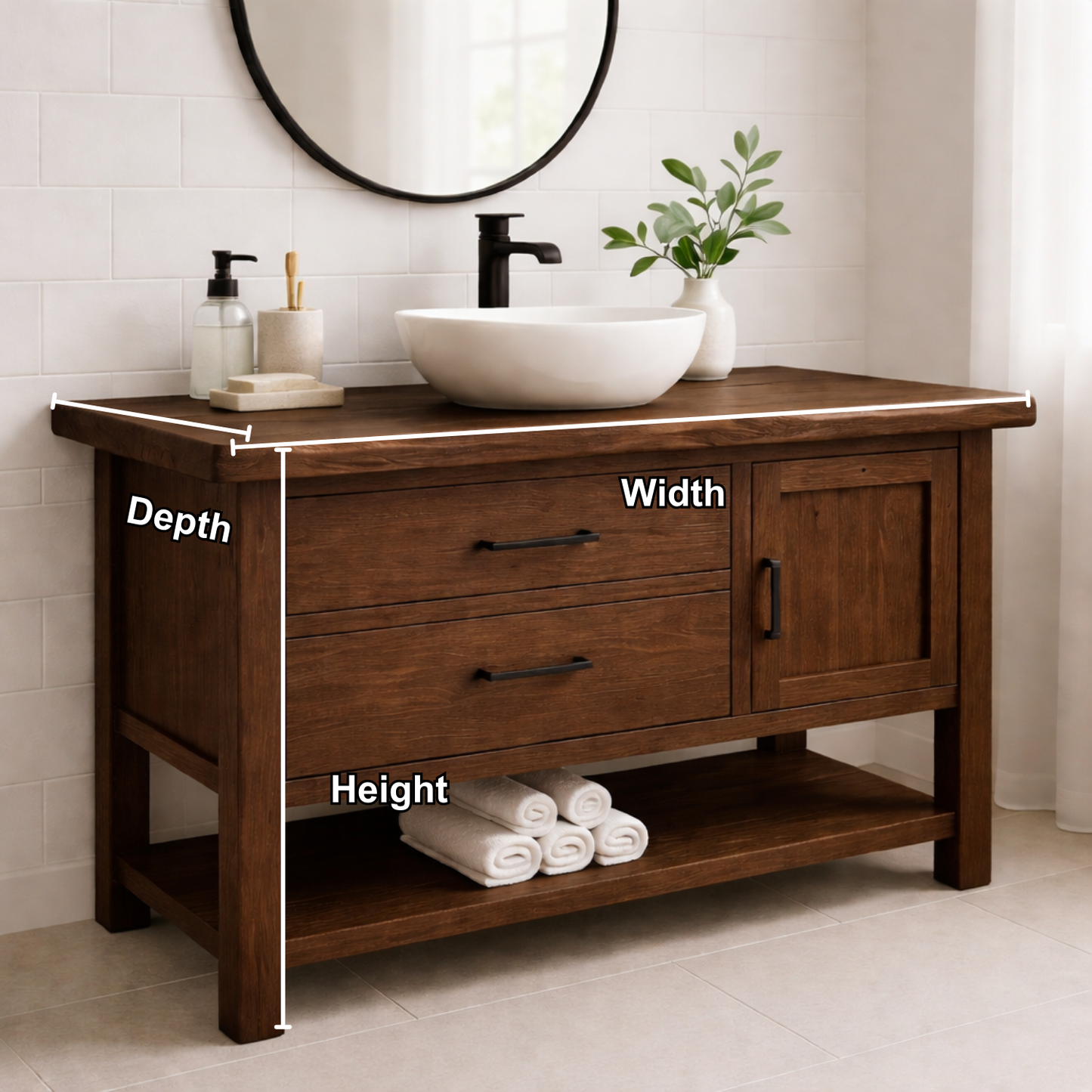 Solid Wood Bathroom Vanity with 2 Drawers, Cabinet Door & Open Shelf