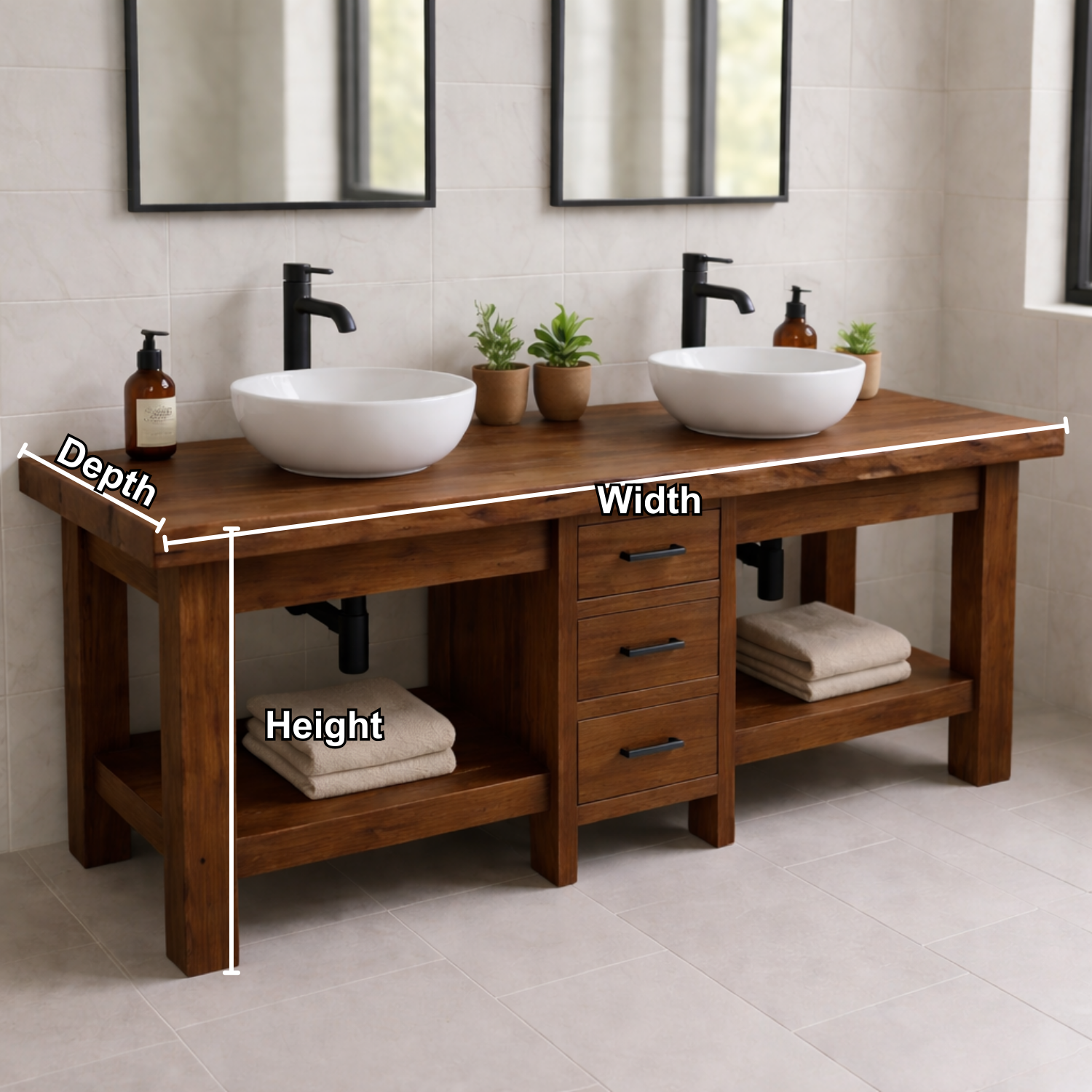 Solid Wood Double Bathroom Vanity with 3 Drawers & Open Shelves