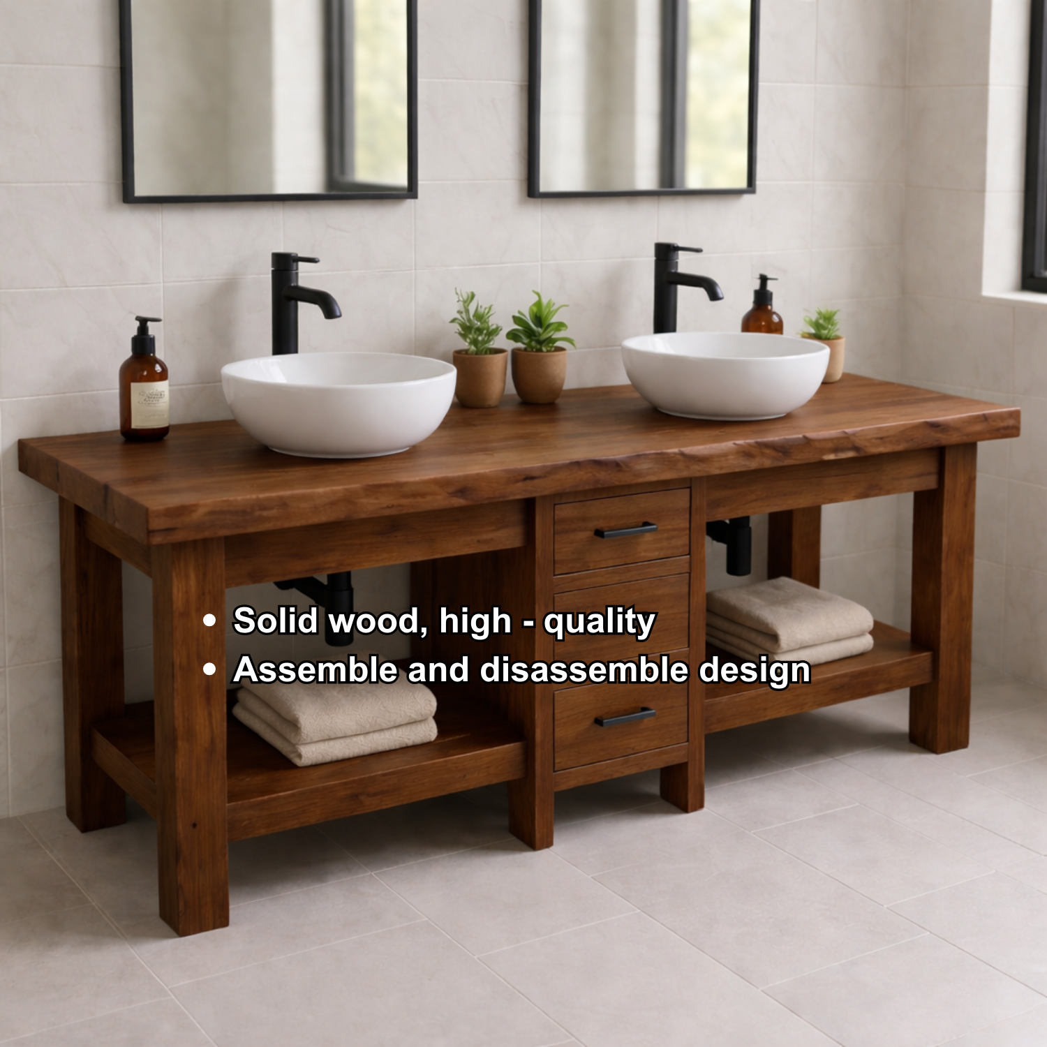 Solid Wood Double Bathroom Vanity with 3 Drawers & Open Shelves