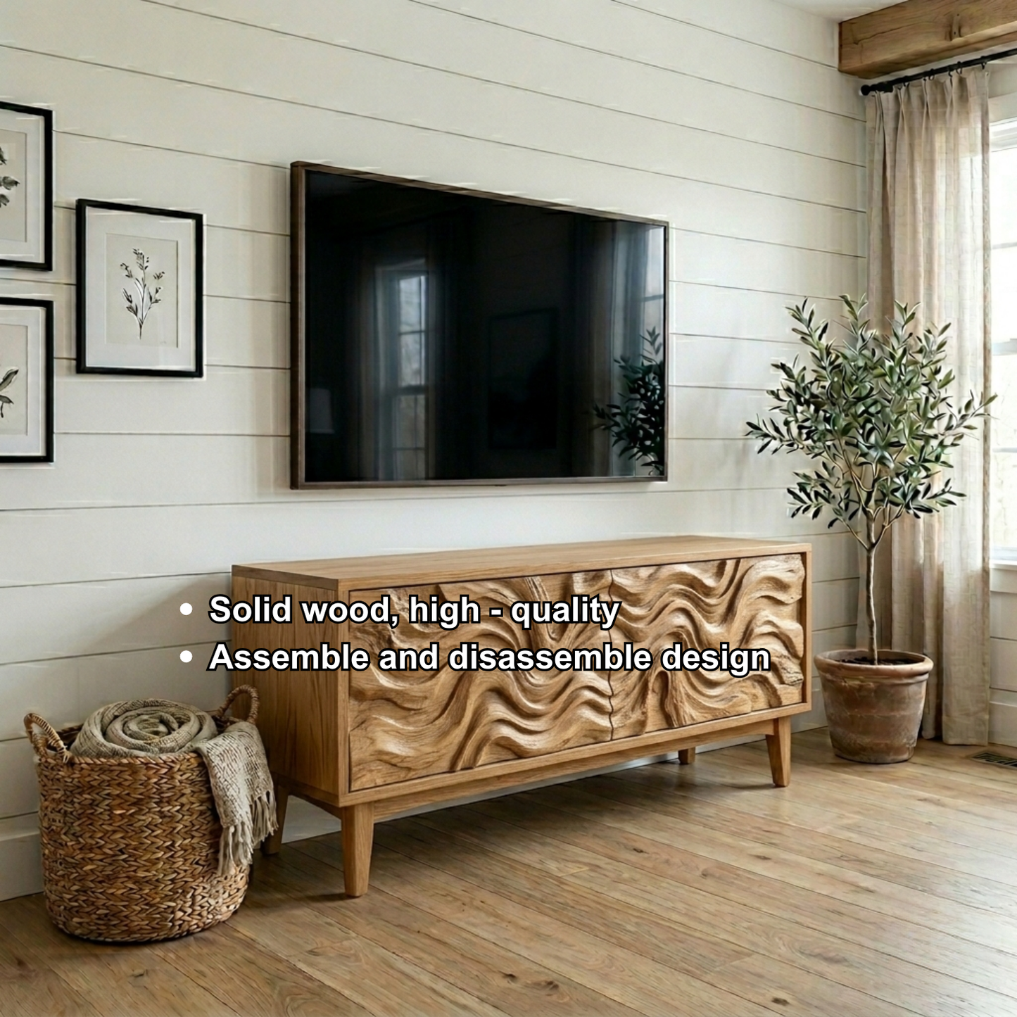 Solid Wood Rustic TV Stand with Hand-Carved Wave Doors – Modern Media Console