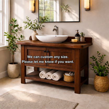 Solid Wood Bathroom Vanity with Double Doors & Open Shelf Storage