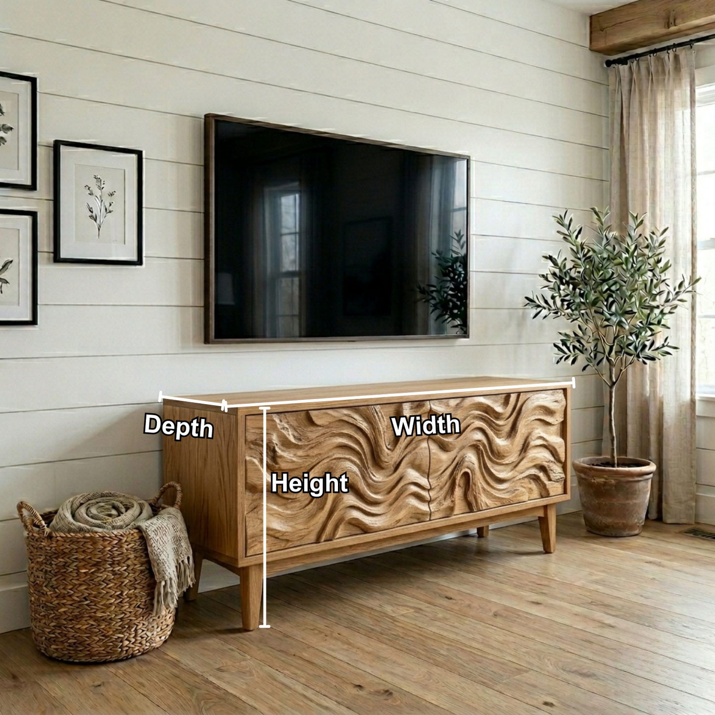 Solid Wood Rustic TV Stand with Hand-Carved Wave Doors – Modern Media Console