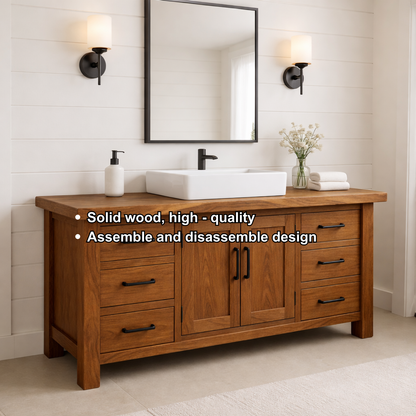 Solid Wood Bathroom Vanity with 6 Drawers & Double Door Cabinet