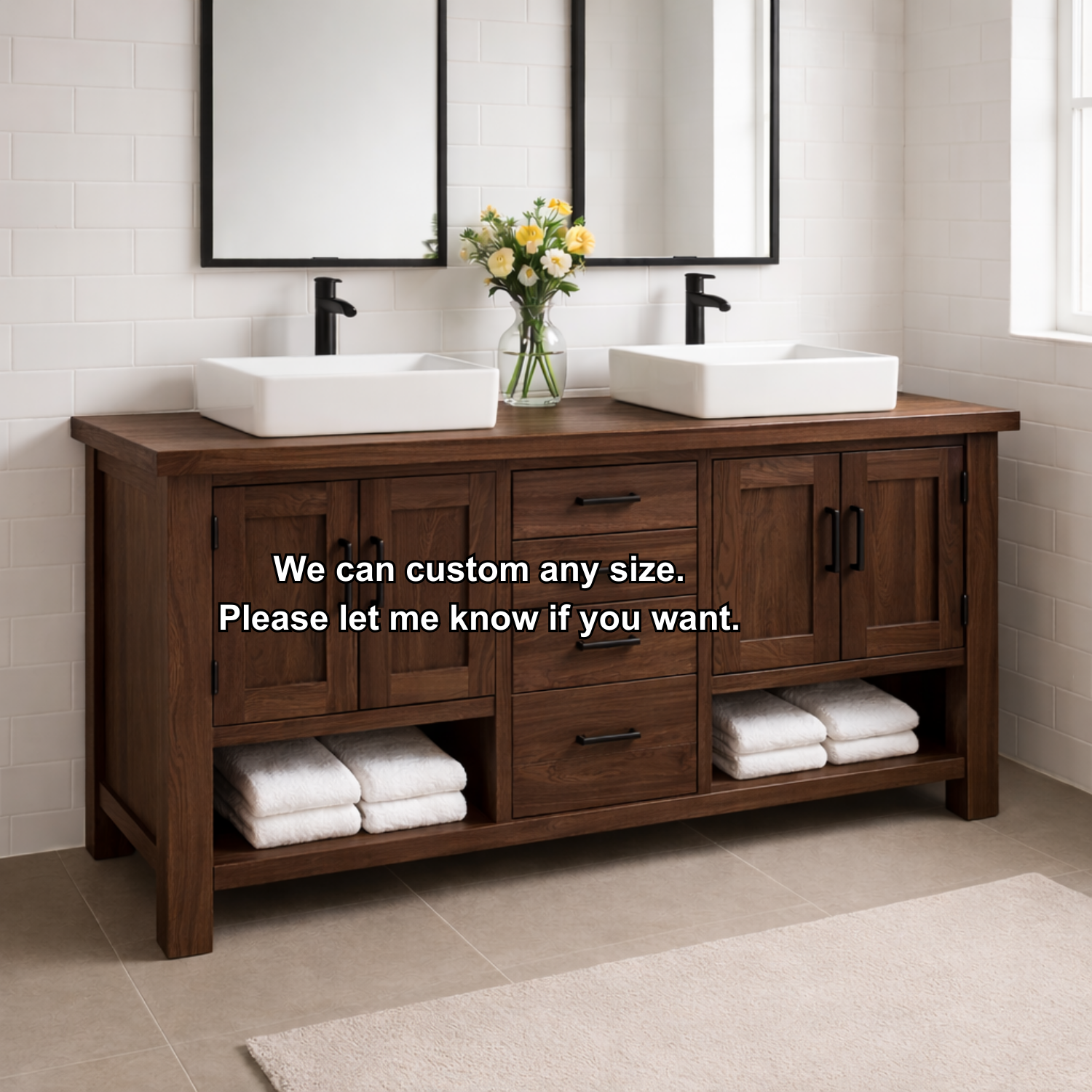 Solid Wood Double Bathroom Vanity with 4 Drawers & Dual Cabinets