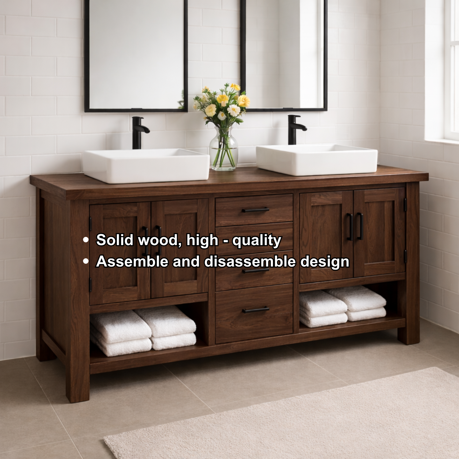 Solid Wood Double Bathroom Vanity with 4 Drawers & Dual Cabinets