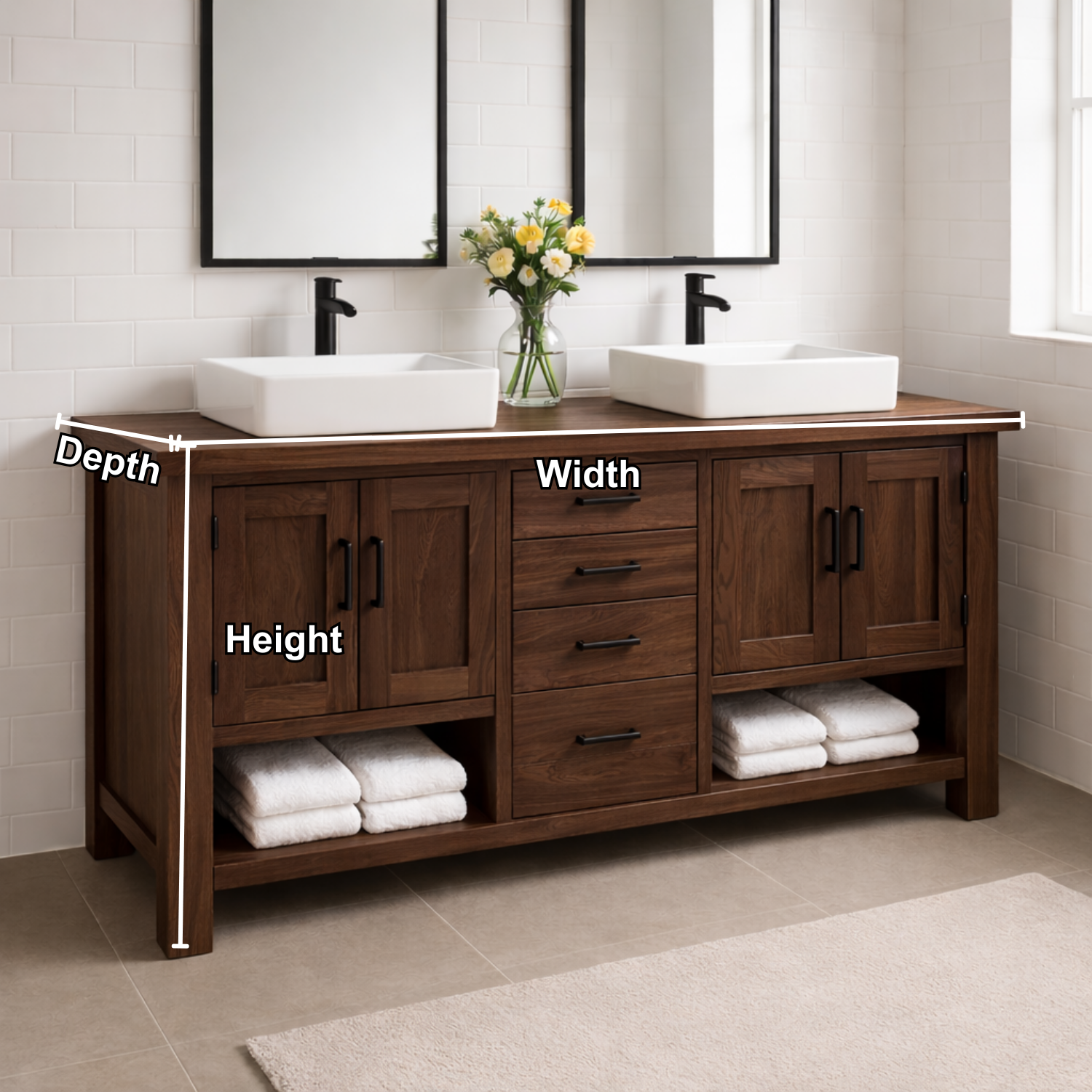 Solid Wood Double Bathroom Vanity with 4 Drawers & Dual Cabinets