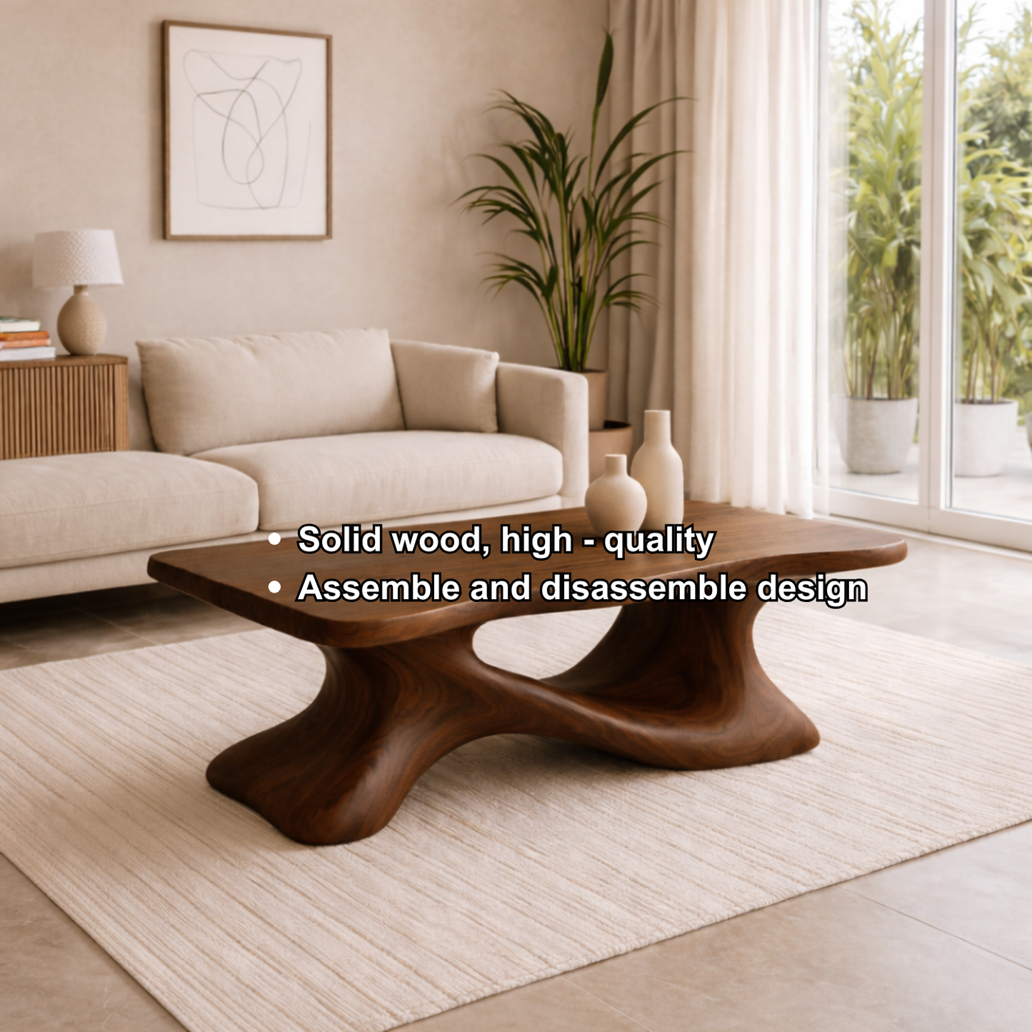 Solid Wood Sculptural Coffee Table with Organic Curved Base – Modern Living Room Table Kitchnce