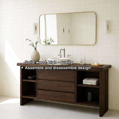 Solid Wood Bathroom Vanity with 3 Drawers & Open Shelf Storage
