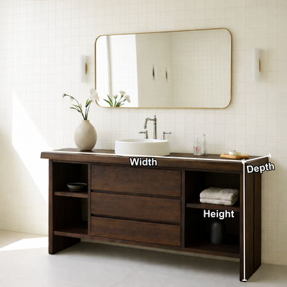 Solid Wood Bathroom Vanity with 3 Drawers & Open Shelf Storage